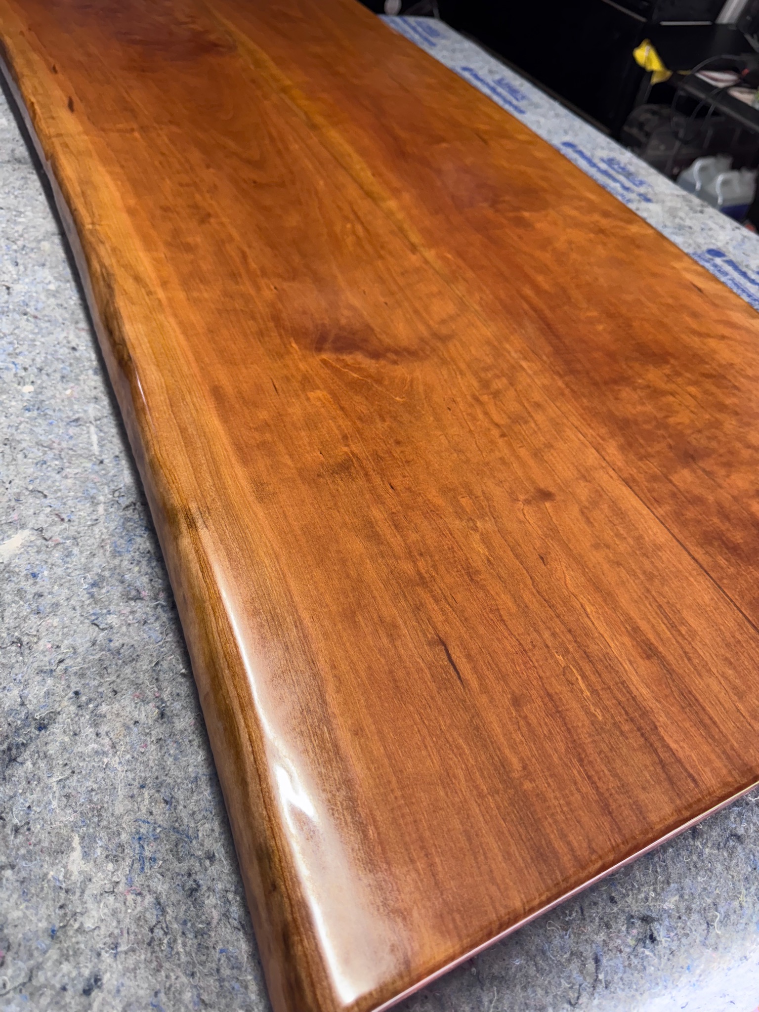 Custom wood slab tabletop in production